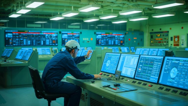 Illustration of a technician at a nuclear power plant identifying and correcting a cooling system error. Image generated by AI.