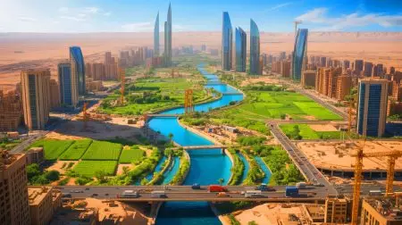 Illustration of Egypt's ambitious Jirian urban development project featuring an artificial Nile canal. Image generated by AI.