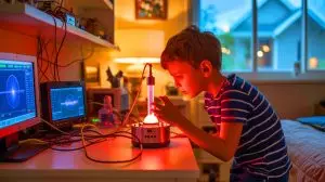 Illustration of 12-year-old Jackson Oswalt achieving nuclear fusion in his bedroom. Image generated by AI.