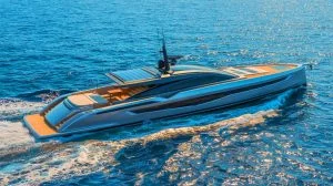 Illustration of the revolutionary 100-foot Hypersail yacht designed by Ferrari to operate on renewable energy. Image generated by AI.