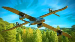 Illustration of a 3D-printed VTOL drone soaring through the sky. Image generated by AI.