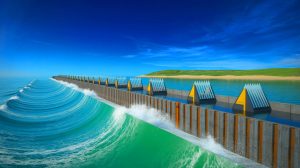 Illustration of an energy-positive breakwater system harnessing wave power while protecting coastlines. Image generated by AI.