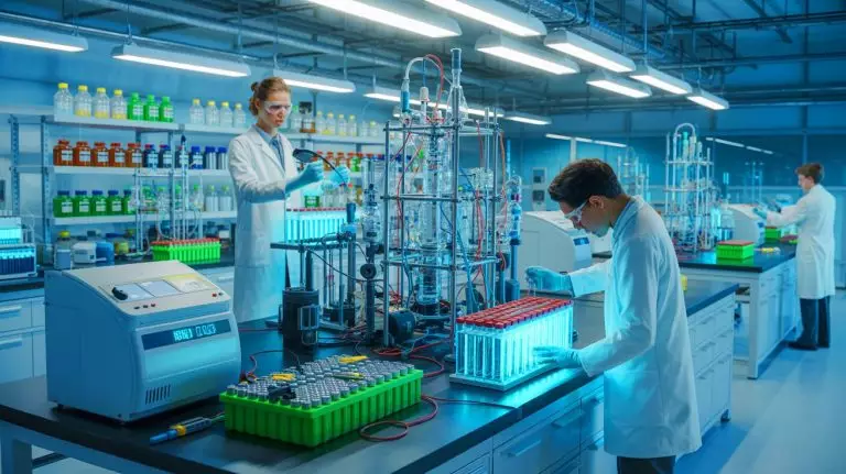 Illustration of revolutionary battery technology derived from industrial waste for renewable energy storage. Image generated by AI.