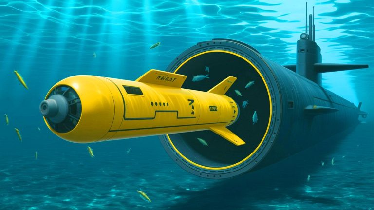 Illustration of the USS Delaware deploying the Yellow Moray spy robot underwater. Image generated by AI.