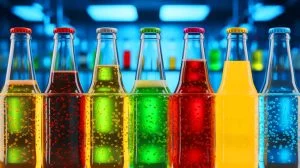 Illustration of glass bottles shedding microplastics into beverages. Image generated by AI.