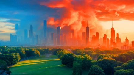 Illustration of rising global CO2 emissions and their impact on climate change. Image generated by AI.
