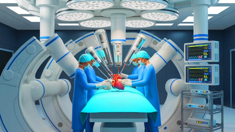 Illustration of a robotic heart transplant procedure showcasing advanced medical technology. Image generated by AI.