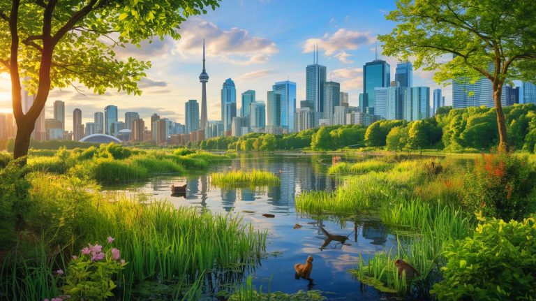 Illustration of Toronto's urban forest transformation with natural wetlands and diverse wildlife. Image generated by AI.