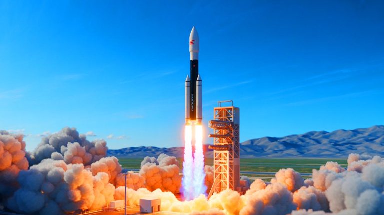 Illustration of Honda's experimental reusable rocket launch and landing in Japan. Image generated by AI.