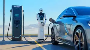Illustration of Hyundai's automatic charging robot in operation at Incheon International Airport. Image generated by AI.
