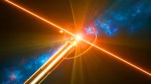 Illustration of light emerging from a quantum vacuum disturbed by powerful lasers. Image generated by AI.