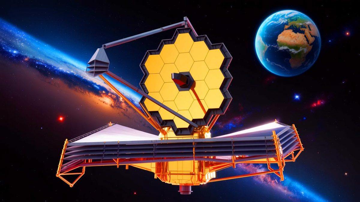 Illustration of the James Webb Space Telescope detecting biosignatures in the atmosphere of an exoplanet. Image generated by AI.
