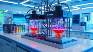 Illustration of a platinum-free hydrogen electrolysis system developed by South Korean scientists. Image generated by AI.