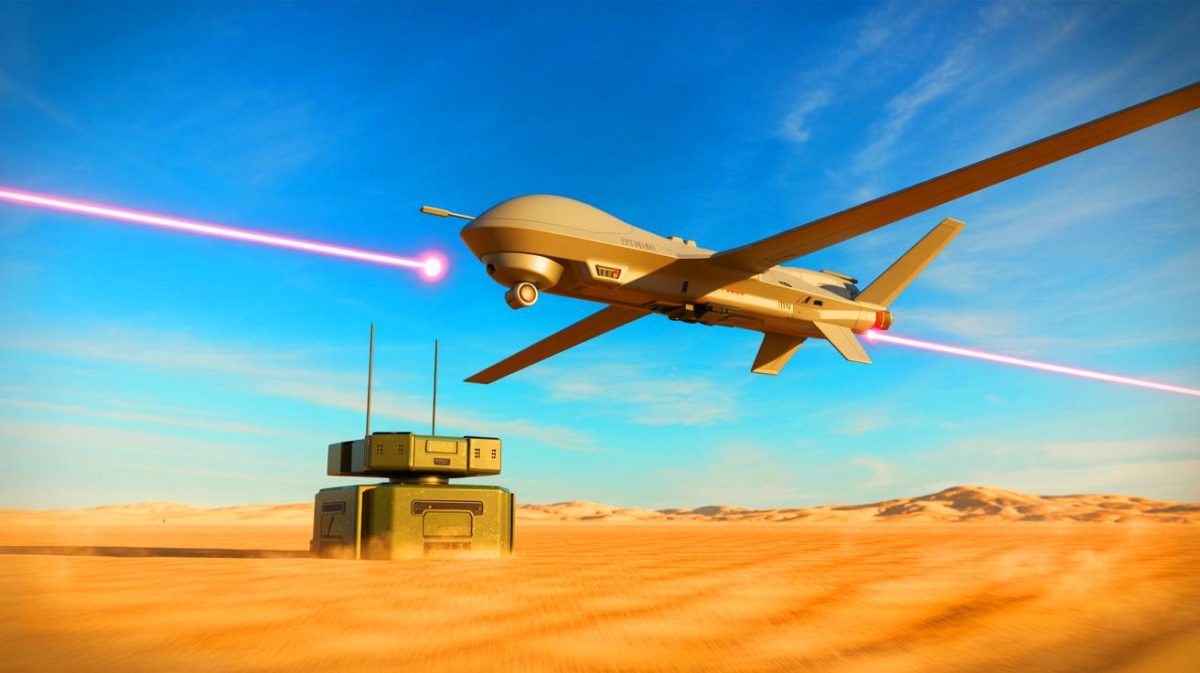 Illustration of military equipment powered wirelessly by laser technology. Image generated by AI.