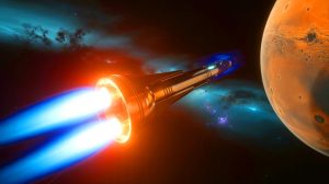 Illustration of a spacecraft enabled by nuclear thermal propulsion. Image generated by AI.