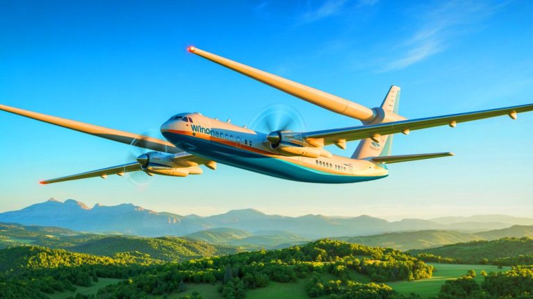 Illustration of the WindRunner aircraft transporting large-scale wind turbines. Image generated by AI.