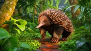 Illustration of the rediscovered Attenborough’s long-beaked echidna in the Indonesian rainforest. Image generated by AI.