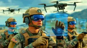 Illustration of U.S. soldiers using augmented reality gear in a battlefield scenario. Image generated by AI.
