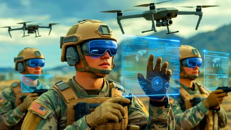 Illustration of U.S. soldiers using augmented reality gear in a battlefield scenario. Image generated by AI.