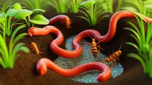 Illustration of microplastics found in soil-dwelling insects and earthworms. Image generated by AI.