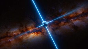 Illustration of a mysterious celestial object emitting synchronized X-rays and radio waves every 44 minutes. Image generated by AI.