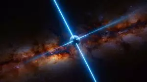 Illustration of a mysterious celestial object emitting synchronized X-rays and radio waves every 44 minutes. Image generated by AI.
