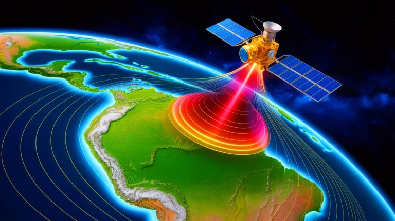 Illustration of the South Atlantic Anomaly impacting space technology. Image generated by AI.
