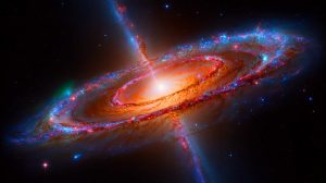 Illustration of the Andromeda galaxy with energy wavelengths depicted in vibrant colors. Image generated by AI.