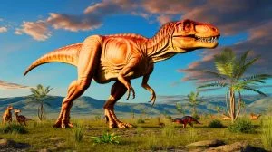Illustration of Khankhuuluu mongoliensis, an 86-million-year-old tyrannosaur ancestor. Image generated by AI.
