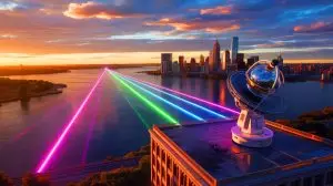 Illustration of the Quantum Laser Across the Sound project, depicting laser beams transmitting quantum information across Long Island Sound. Image generated by AI.