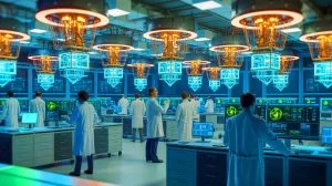 Illustration of a quantum computer setup within a laboratory environment. Image generated by AI.