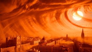 Illustration of radioactive Saharan sandstorm affecting Europe. Image generated by AI.