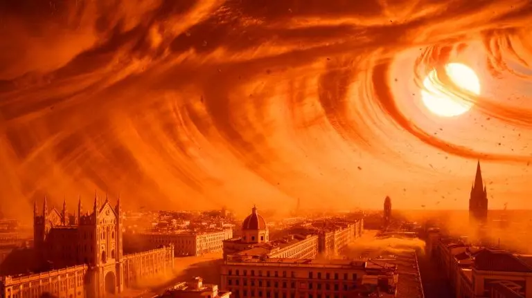 Illustration of radioactive Saharan sandstorm affecting Europe. Image generated by AI.