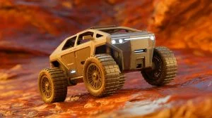Illustration of a fully 3D-printed off-road robot made from recycled materials. Image generated by AI.