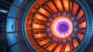 Illustration of a tokamak fusion reactor with an X-point target radiator. Image generated by AI.