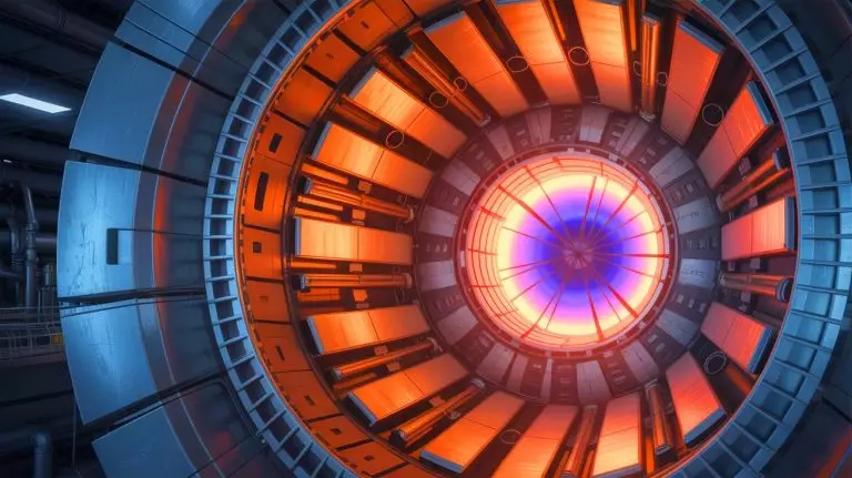 Illustration of a tokamak fusion reactor with an X-point target radiator. Image generated by AI.