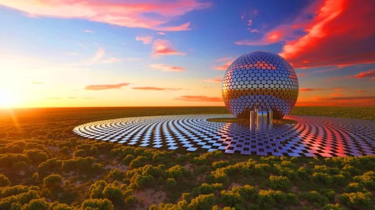 Illustration of a solar-powered reactor producing green hydrogen. Image generated by AI.