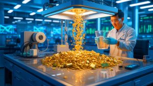 Illustration of a revolutionary, toxin-free gold extraction method from ore and electronic waste. Image generated by AI.