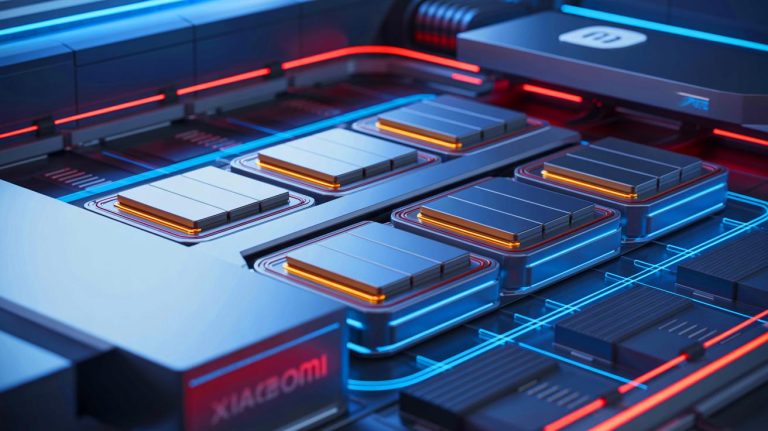 Illustration of Xiaomi's revolutionary solid-state EV battery with a layered electrode design. Image generated by AI.