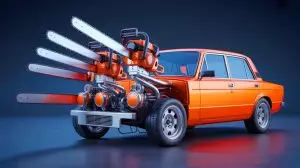 Illustration of a V16 engine constructed using chainsaws installed in a Lada. Image generated by AI.