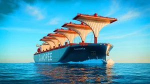 Illustration of the Canopée cargo ship equipped with OceanWings sails demonstrating sustainable shipping technology. Image generated by AI.