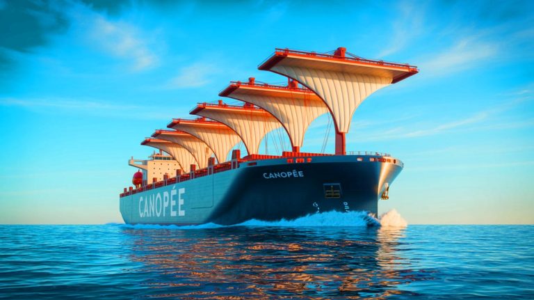 Illustration of the Canopée cargo ship equipped with OceanWings sails demonstrating sustainable shipping technology. Image generated by AI.