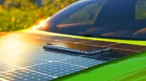 Illustration of flexible solar coatings on everyday objects like phones and cars. Image generated by AI.