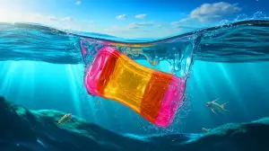 Illustration of a revolutionary plastic dissolving in ocean water. Image generated by AI.
