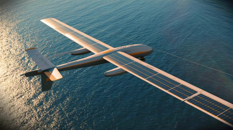 Illustration of a solar-powered drone with a wingspan larger than a Boeing 747 designed for month-long flights. Image generated by AI.