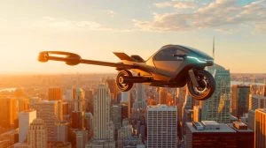 Illustration of the Skyrider X6, a hybrid flying motorcycle blending ground and aerial capabilities. Image generated by AI.