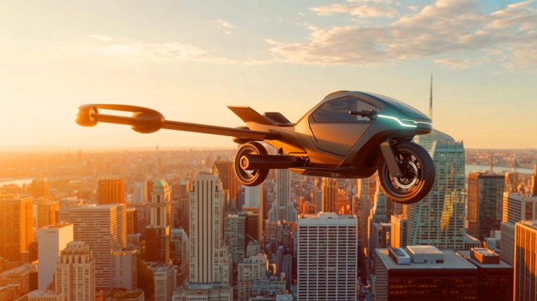 Illustration of the Skyrider X6, a hybrid flying motorcycle blending ground and aerial capabilities. Image generated by AI.