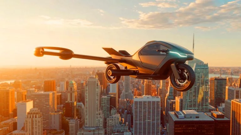 Illustration of the Skyrider X6, a hybrid flying motorcycle blending ground and aerial capabilities. Image generated by AI.