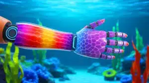 Illustration of synthetic skins mimicking the color-changing abilities of marine creatures for use in wearable technology and soft robotics. Image generated by AI.