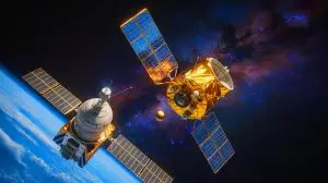 Illustration of a Russian satellite maneuvering near a U.S. government satellite in space. Image generated by AI.